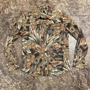 3/$16 Ralph Lauren Top L Peacock Print Button Down Long Sleeves Collar Neckline